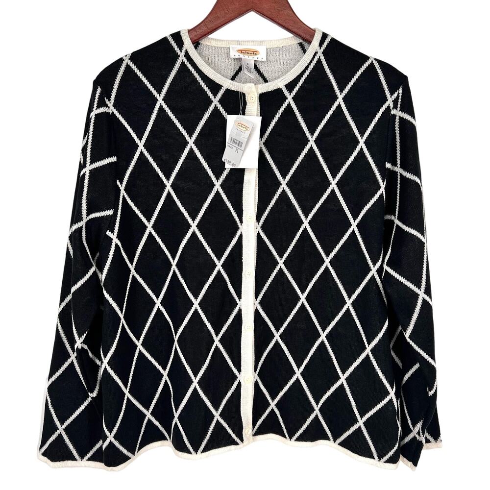 NEW NWT MSRP $130 Talbots Large Black White Sweater Blouse Shirt Top Mature